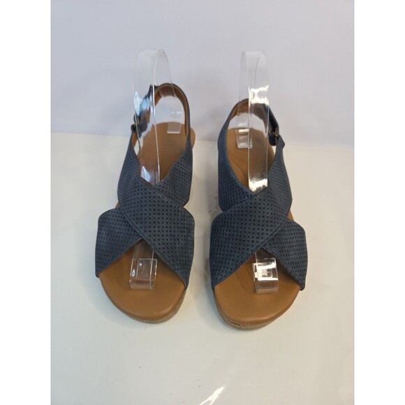 Paul Green Blue Suede Criss Cross Cork Wedge Sandal S 7 US Hook & Loop Close EUC - Picture 3 of 7
